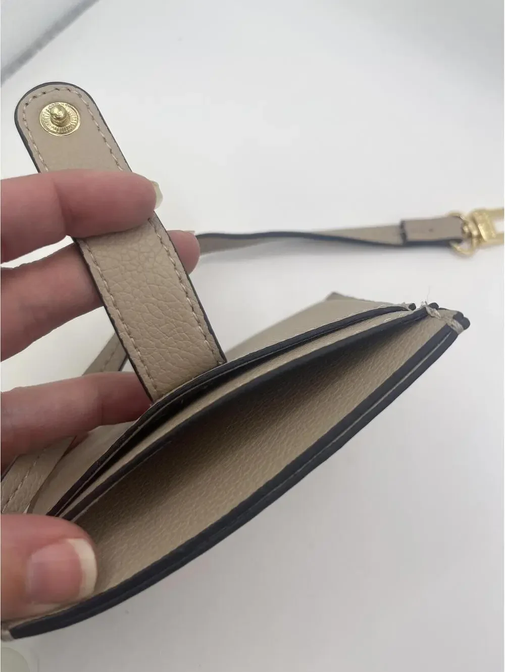 Steve Madden Card Wristlet Wallet with Clip Strap Taupe Faux Leather Mini Wallet